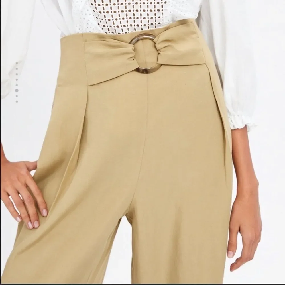 ZARA High Waisted Linen Wide Leg Pants Camel Tan M